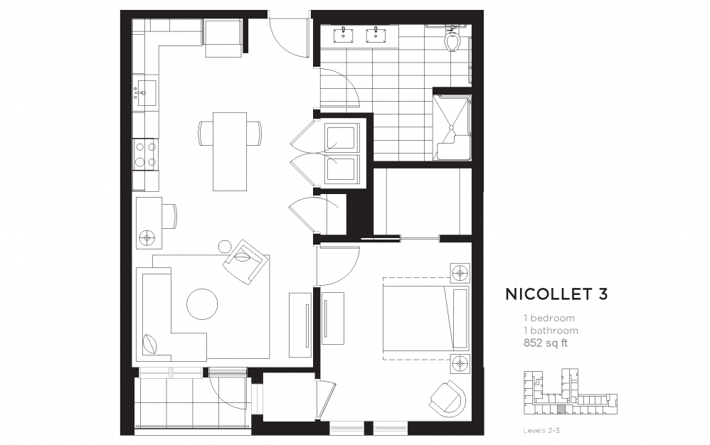 Nicollet 3 - 1 bedroom floorplan layout with 1 bathroom and 852 square feet